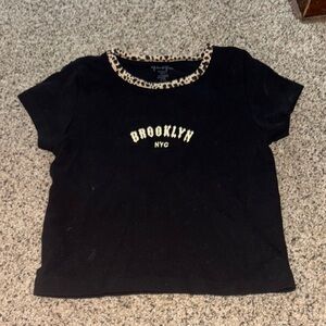 Black Kids T-Shirt with Leopard Print Collar